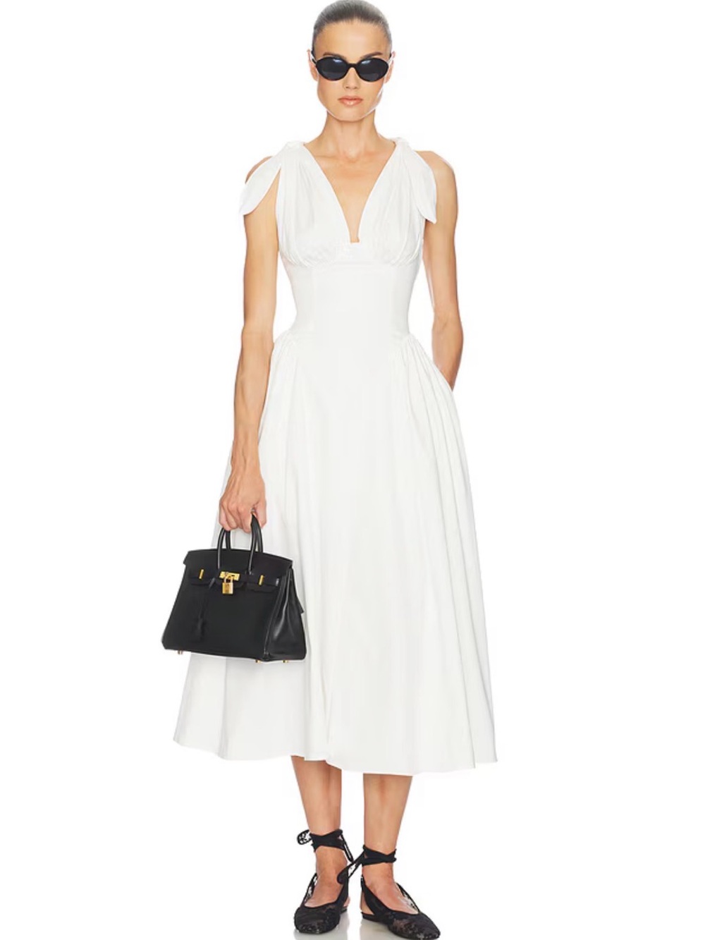 NEW Helsa Fairweather Tie Shoulder Midi Dress Stretch Cotton Sateen White | XS